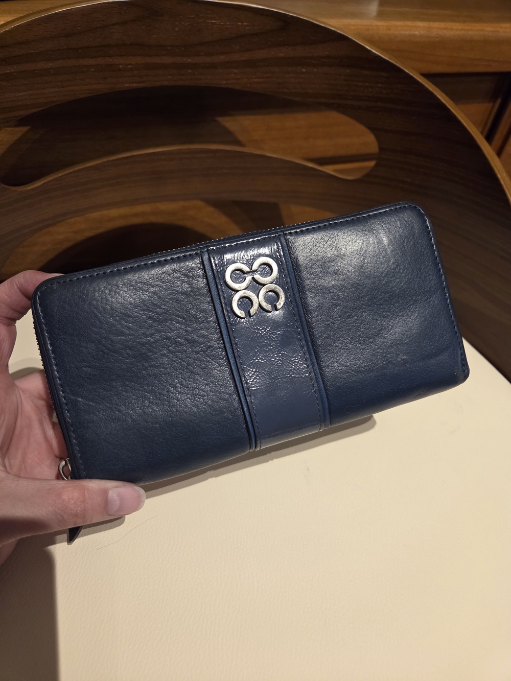 Coach Navy Zip-Around Leather Wallet with Silver Logo